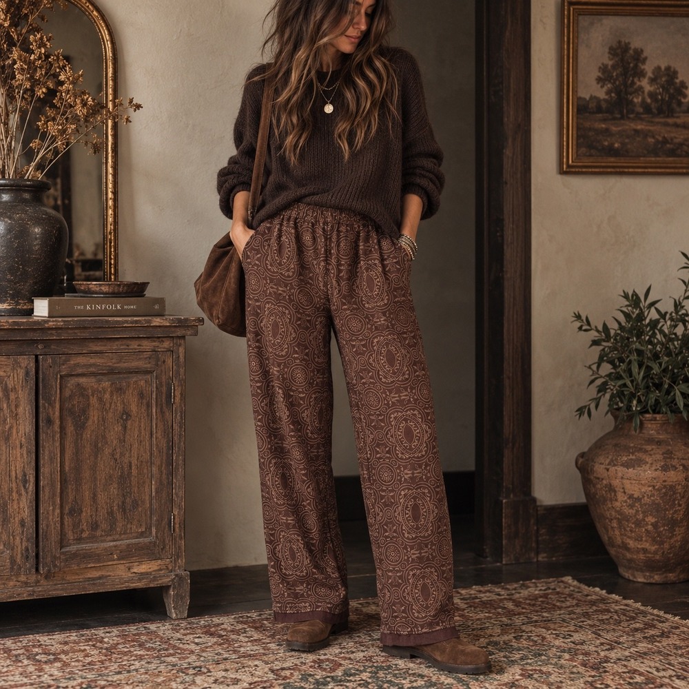 Vintage Russ Berens Brown Boho Pull-On Pants Made in USA Large